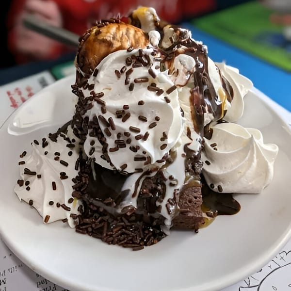 A Southside Diner brownie sundae with ice cream, whipped cream, chocolate syrup, and sprinkles.